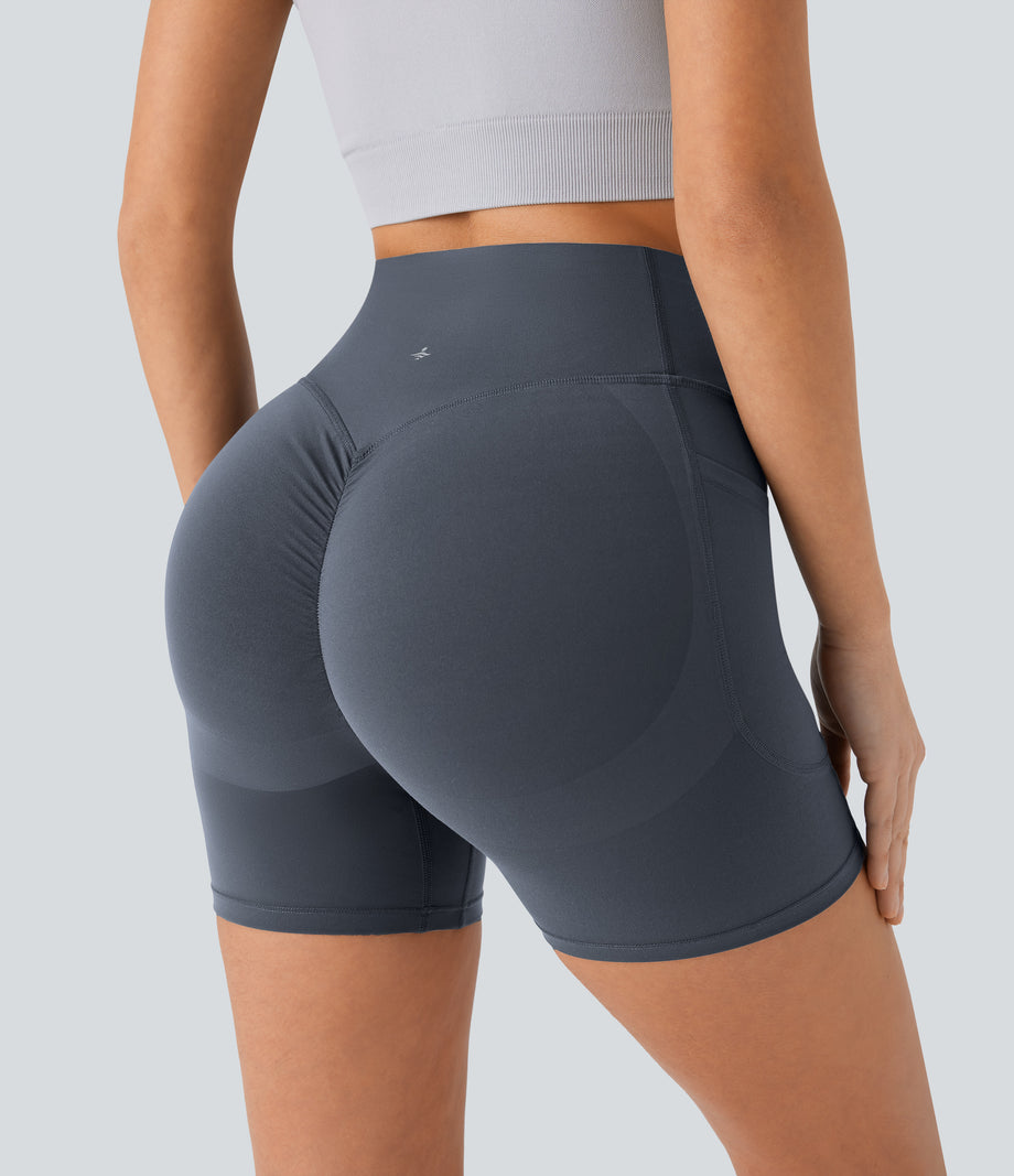 Halara UltraSculpt™ High Waisted Scrunch Butt Lifting Tummy Control Pocket Shaping Workout Biker Shorts 5'' - Silent Blue