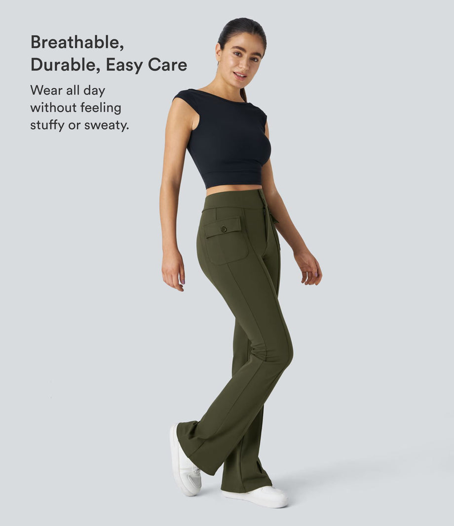 High Waisted Side Flap Pocket Flare Casual Cargo Pants - Forest Night