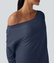 One Shoulder Long Sleeve Thumb Hole Curved Hem High Low Quick Dry Yoga Sports Top-Built-in Bra - Mood Indigo