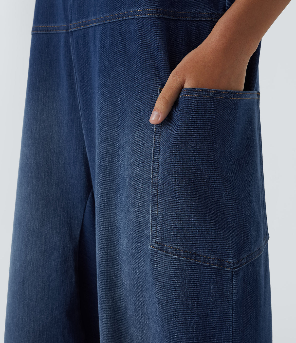 Halara Flex™ V Neck Pocket Washed Denim Casual Overalls - Serene Blue Denim