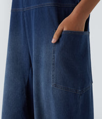 Halara Flex™ V Neck Pocket Washed Denim Casual Overalls - Serene Blue Denim