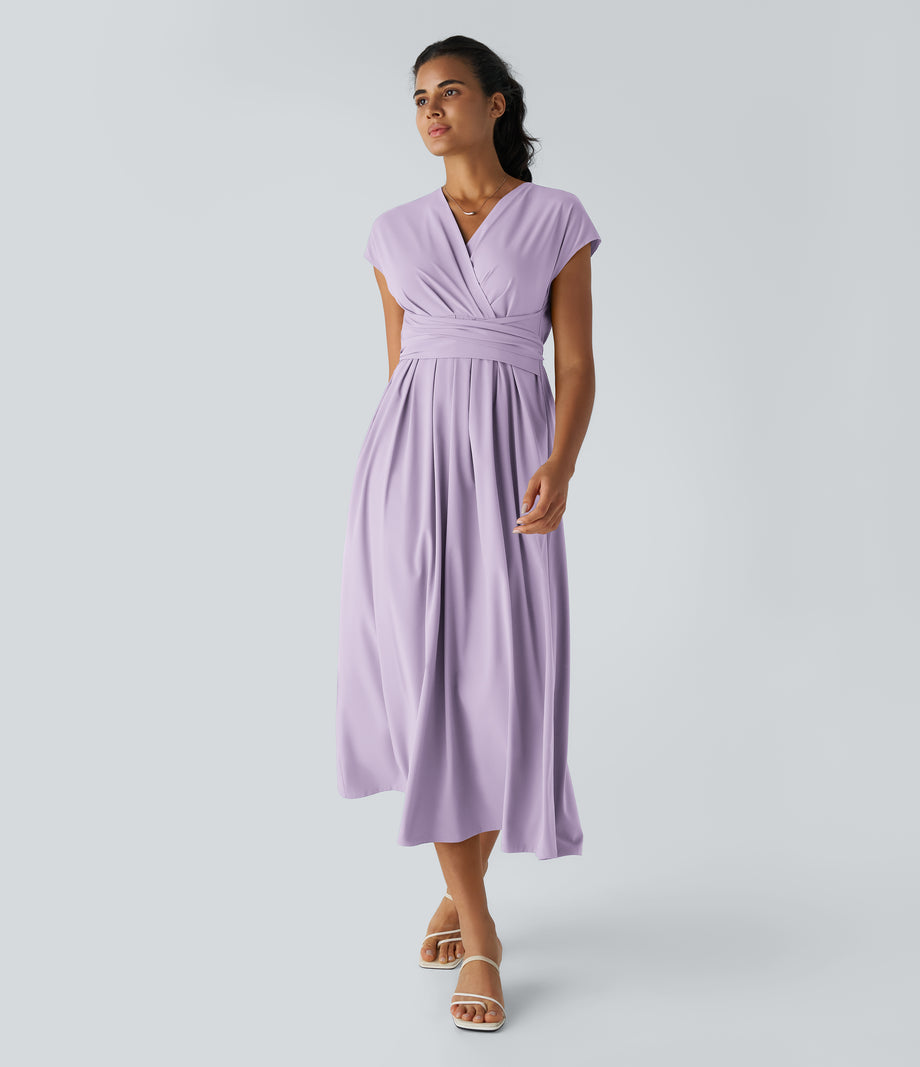 Breezeful™ V Neck Short Sleeve Pocket Tie Back Quick Dry Midi Casual Dress-Longer Length - Leisurely Lavender