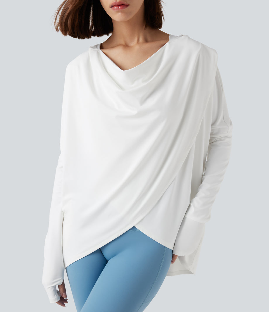 Hooded Cowl Neck Long Sleeve Thumb Hole Yoga Sports Top with Pockets - White