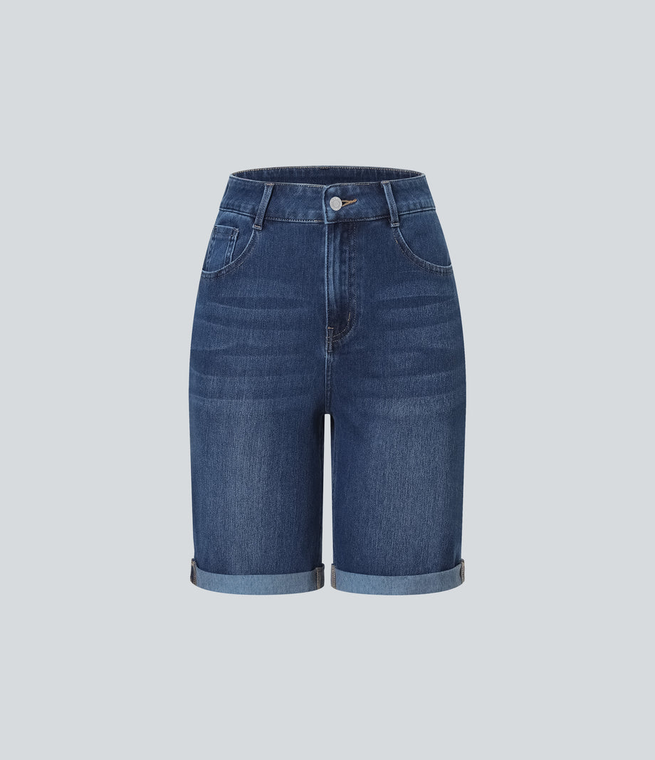 Halara Flex™ High Waisted Pockets Rolled Hem Washed Denim Casual Bermuda Shorts - Inkling  Blue Denim
