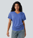 V-neck Short Sleeve Ruched Relaxed Casual Top - Sky Blue Floral Yarn
