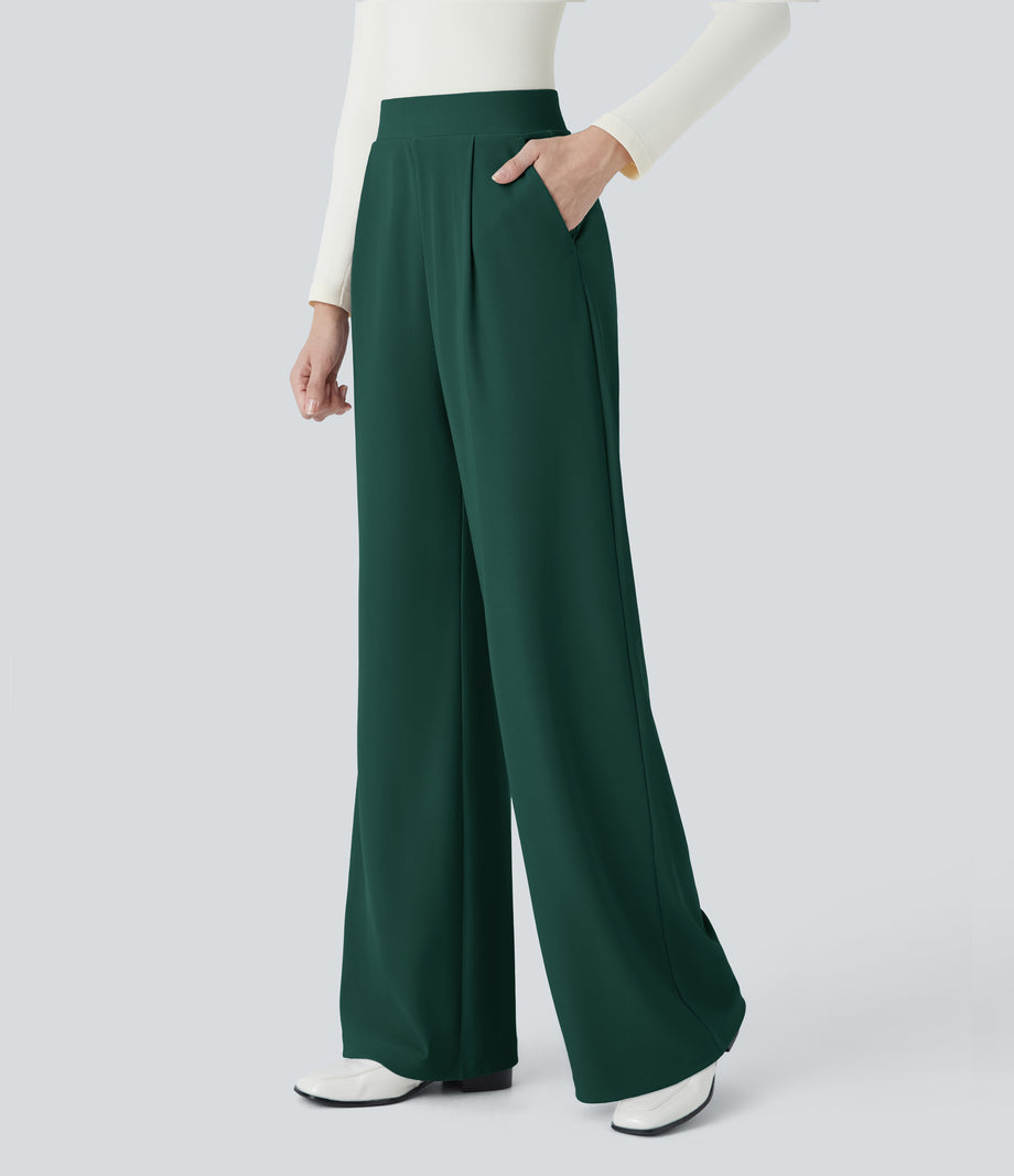 Halara Flex™ High Waisted Body Sculpt Waist-Slimming Pocket Wide Leg Micro Waffle Work Pants - Rain Forest