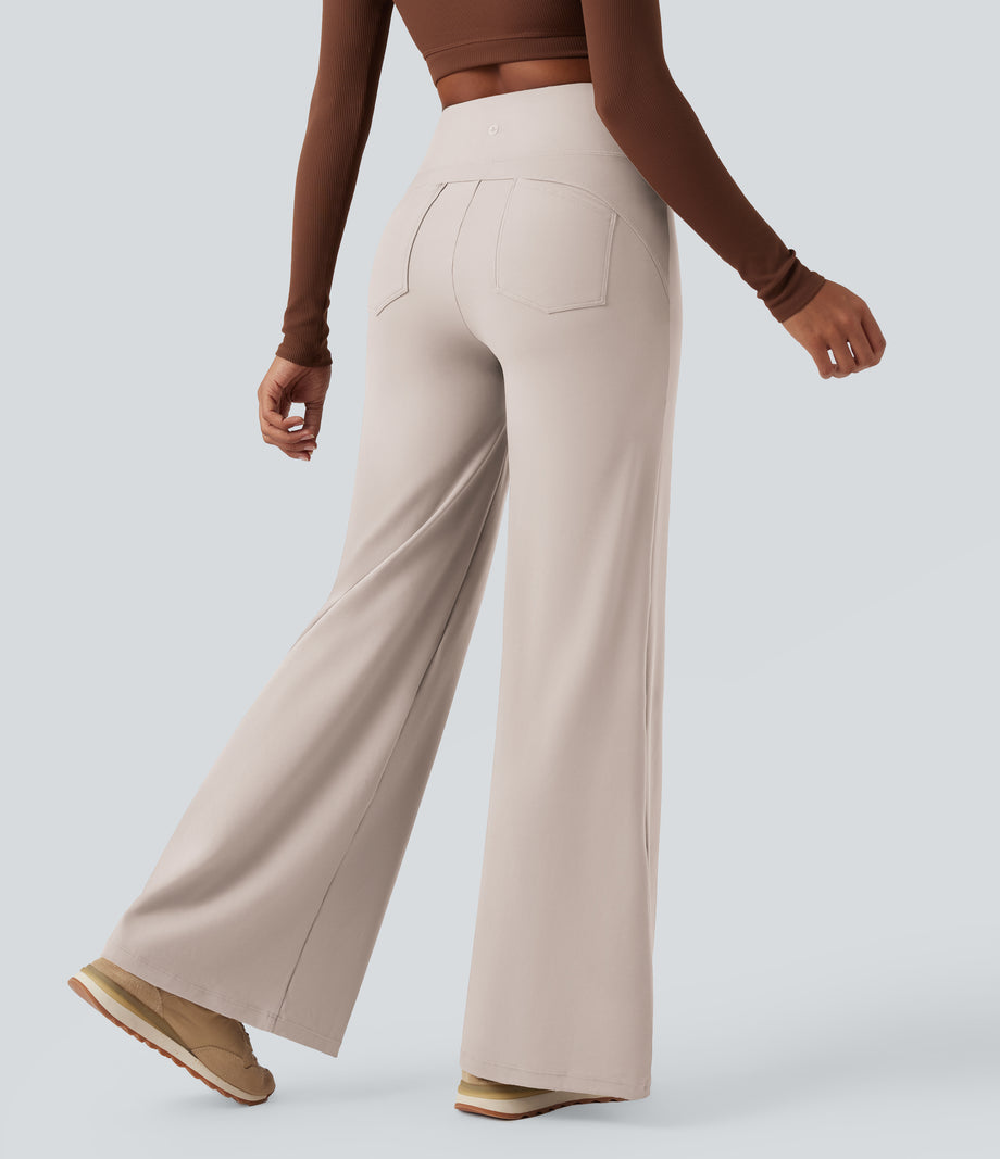 DayStretch High Waisted Tummy Control Wide Leg Baggy Yoga Pants with Pockets - Oat Milk