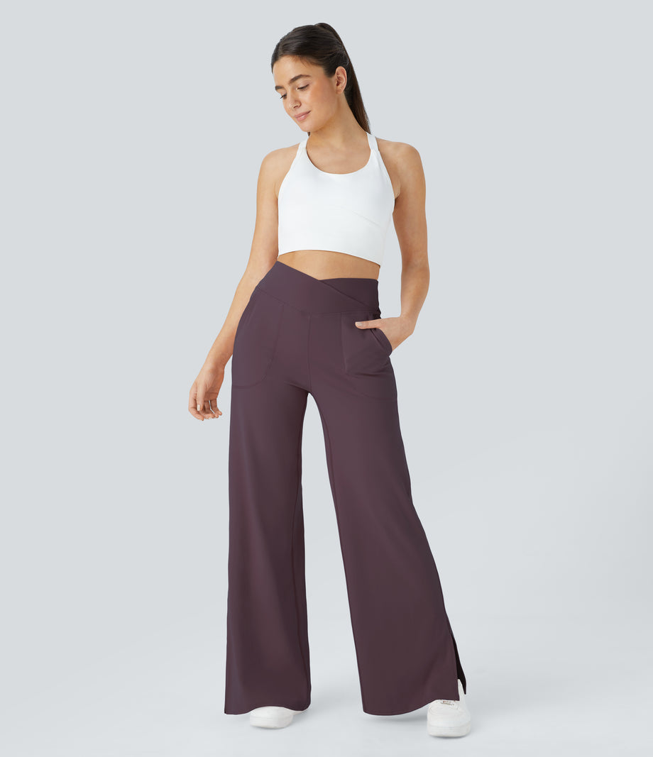DayStretch Crossover Pocket Hem Wide Leg Yoga Pants-Smile - Dusky Evening purple
