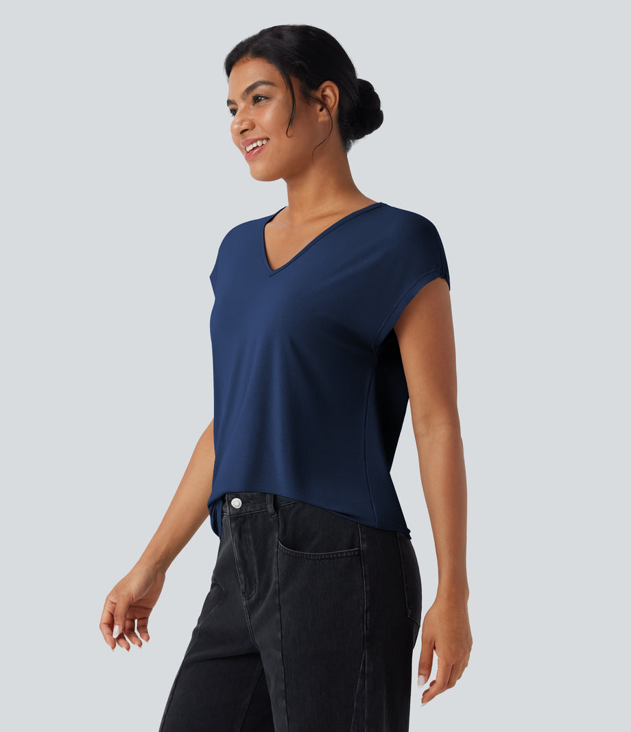V Neck Short Sleeve Casual T-Shirt - Sodalite Blue