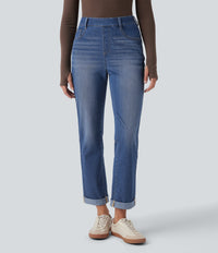 Halara Flex™ High Waisted Rolled Hem Casual Slim Jeans with Pockets - Tide Blue Denim