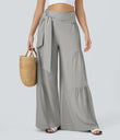 Breezeful™ High Waisted Shirred Tie Front & Back Wide Leg Flowy Quick Dry Casual Pants - Ghost Gray