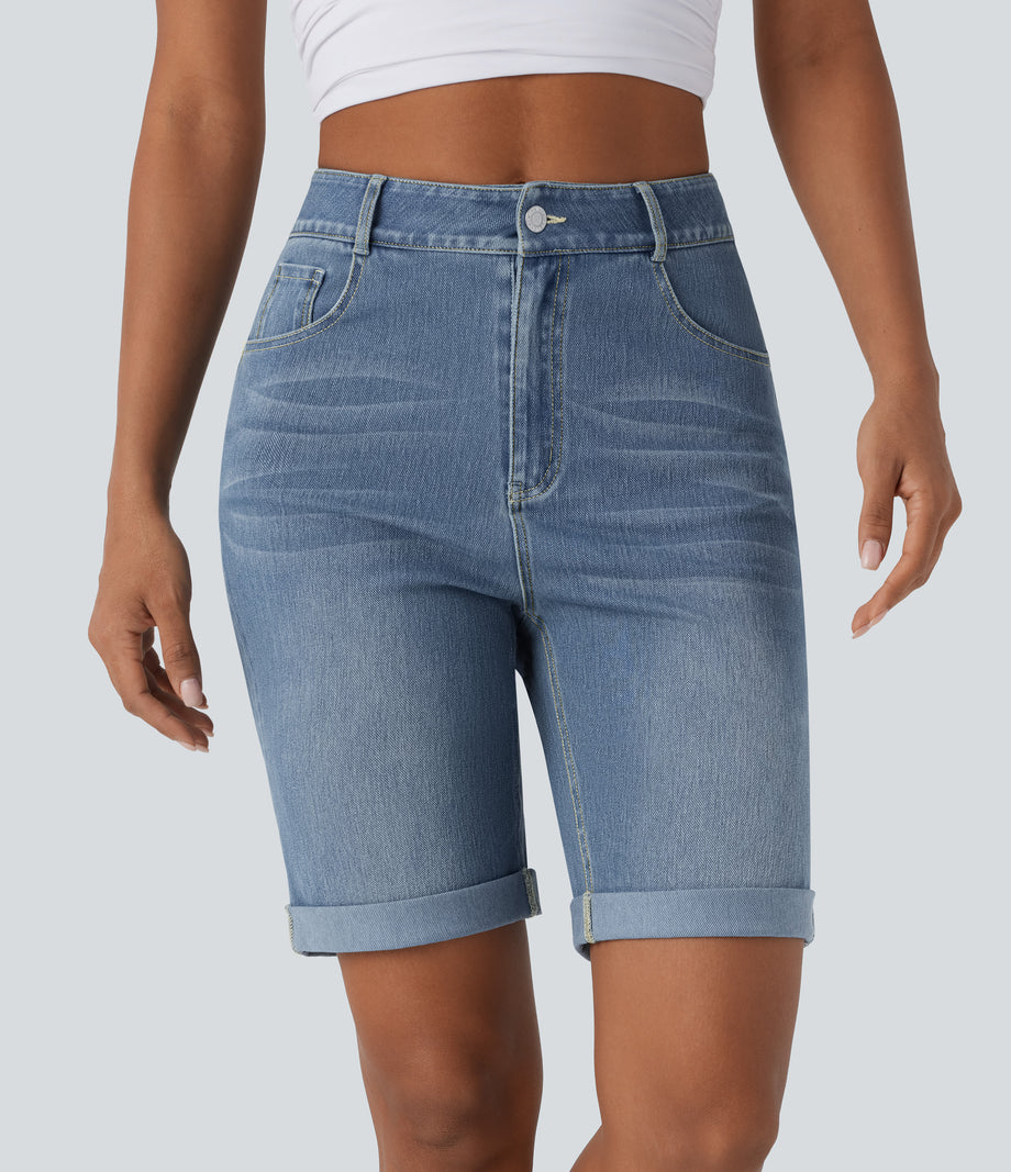 Halara Flex™ High Waisted Pockets Rolled Hem Washed Denim Casual Bermuda Shorts - Blue Spruce Denim