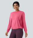 Round Neck Long Sleeve Ruched Yoga Sports Top-UPF50+ - Pink Lemonade