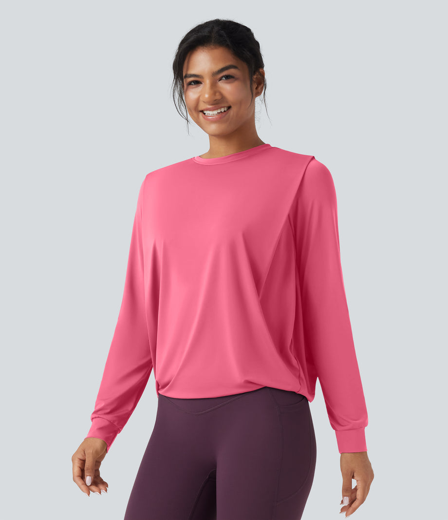 Round Neck Long Sleeve Ruched Yoga Sports Top-UPF50+ - Pink Lemonade
