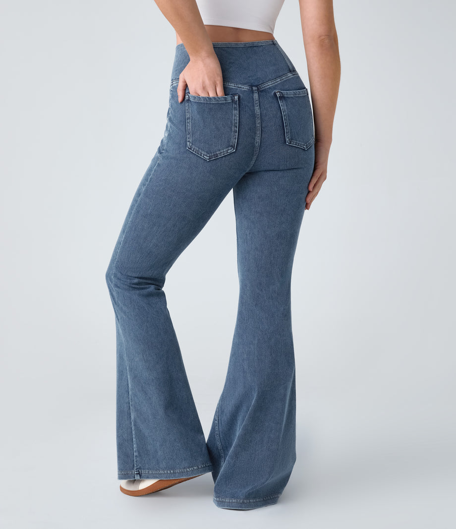 Halara Flex™ High Waisted Crossover Pocket Cool Touch Washed Casual Jeans - Nettle Blue Denim