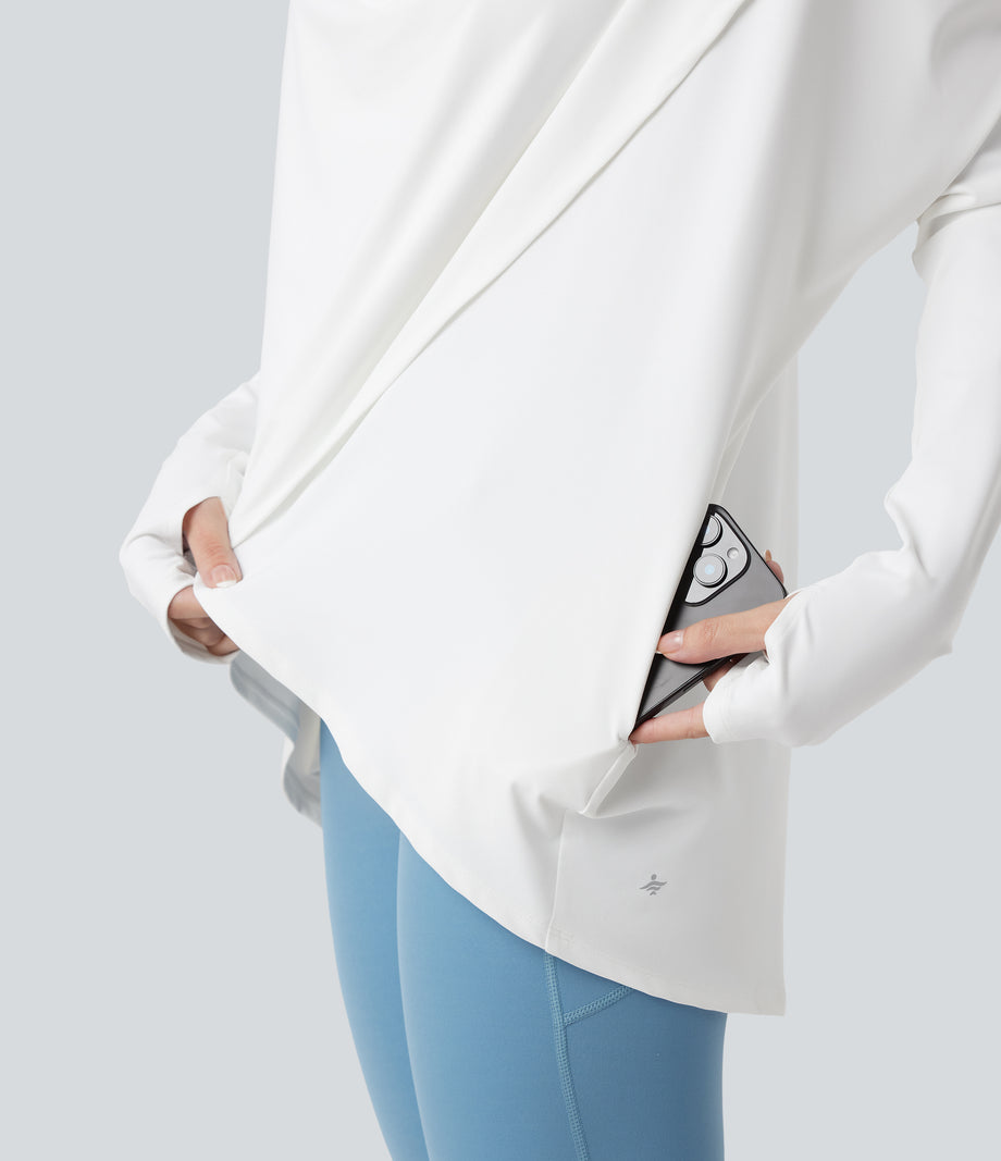 Hooded Cowl Neck Long Sleeve Thumb Hole Yoga Sports Top with Pockets - White