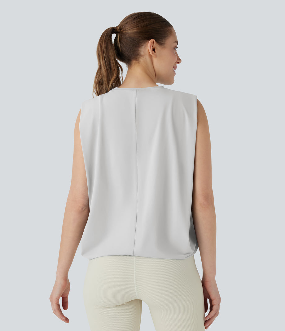 Round Neck Ruched Cool Touch Yoga Tank Top-UPF50+ - Nimbus Cloud