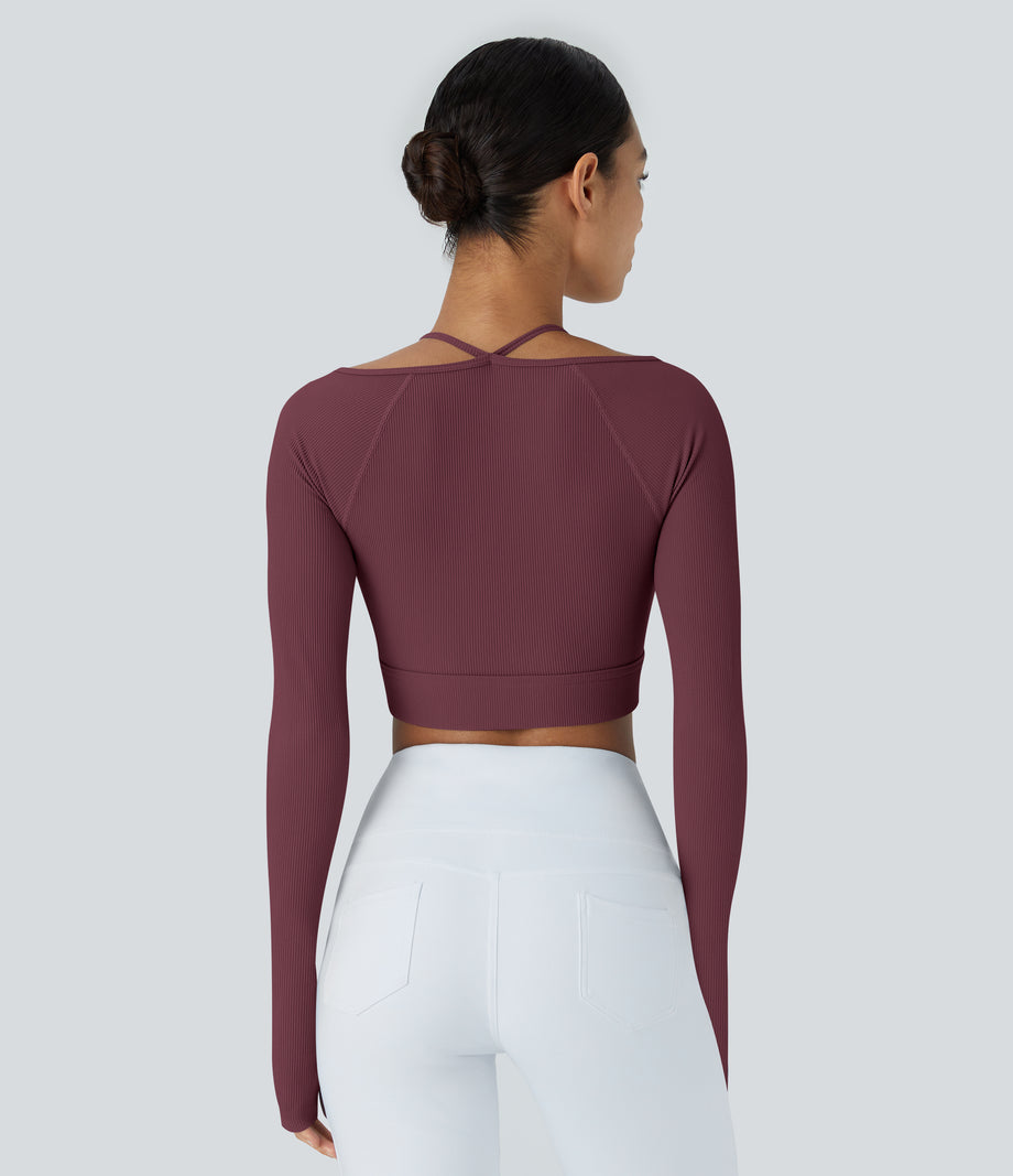 Ribbed Halter Strap Thumb Hole Cropped Yoga Sports Top - Maroon Banner