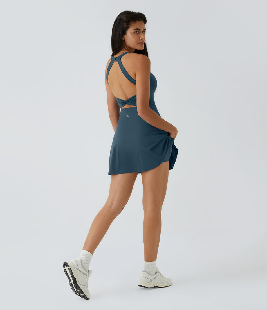 SoftlyZero™ Airy Backless Twisted Flare Low Support Dance Active Dress-Longer Length-Easy Peezy Edition A-D Cups - Majolica Blue
