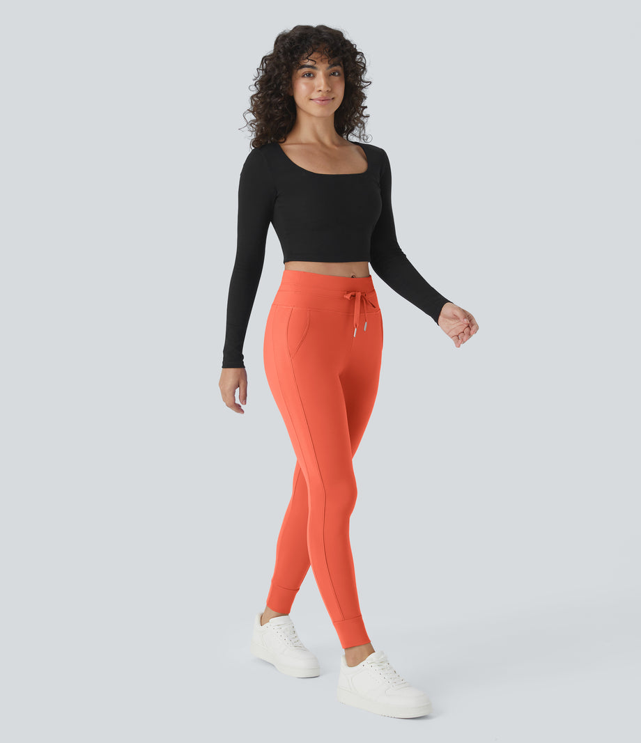 SoftlyZero™ Plush High Waisted Drawstring Pocket Plain Full Length Joggers - Tigerlily