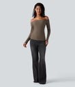Ribbed Knit Off Shoulder Long Sleeve 2-in-1 Casual Top - Shitake
