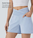 Halara Flex™ Crossover High Waisted Pockets Wide Leg A Line Washed Denim Casual Shorts - Washed Denim Sunny Blue