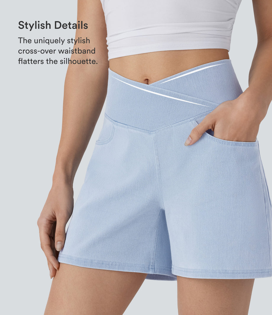 Halara Flex™ Crossover High Waisted Pockets Wide Leg A Line Washed Denim Casual Shorts - Washed Denim Sunny Blue