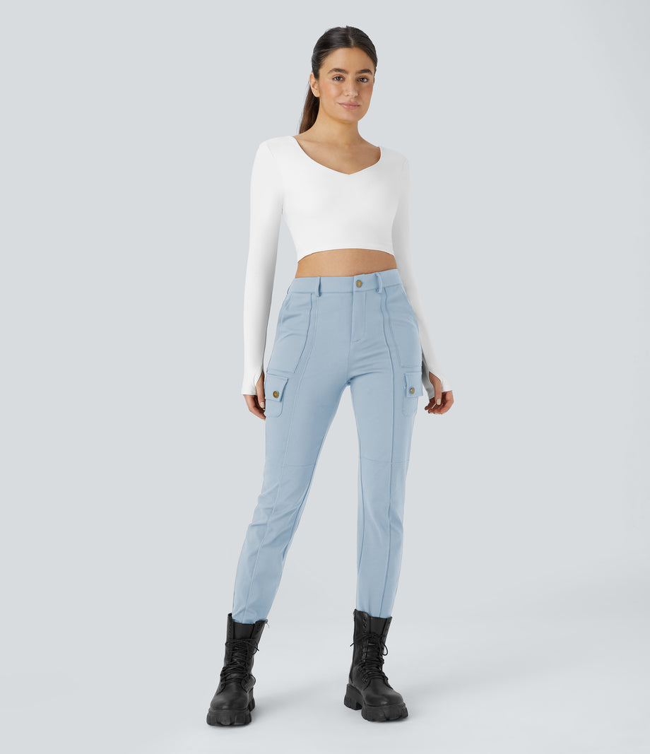 DayStretch High Waisted Zipper Pockets Solid Skinny Cargo Pants - Baby Blue