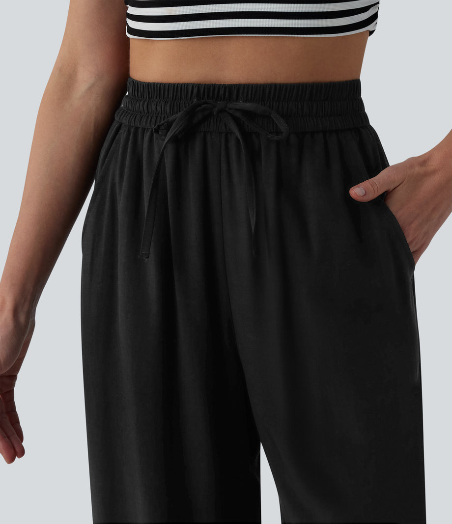 High Waisted Drawstring Wide Leg Casual Linen-Blend Pants with Pockets - Black