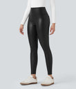 High Waisted Tummy Control Stretchy PU Fleece 7/8 Skinny Casual Leggings with Pockets - Black