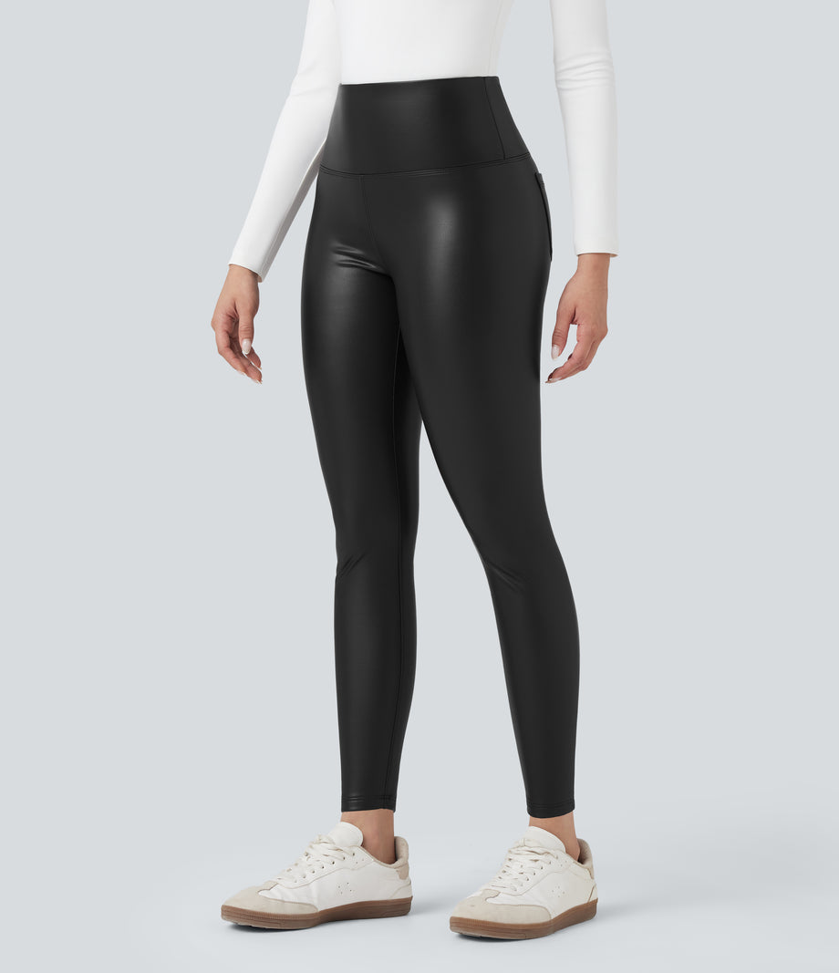 High Waisted Tummy Control Stretchy PU Fleece 7/8 Skinny Casual Leggings with Pockets - Black