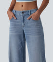 Halara Flex™ Low Rise Zipper Pockets Washed Baggy Wide Leg Casual Jeans - Light Blue – Glacier Light Blue