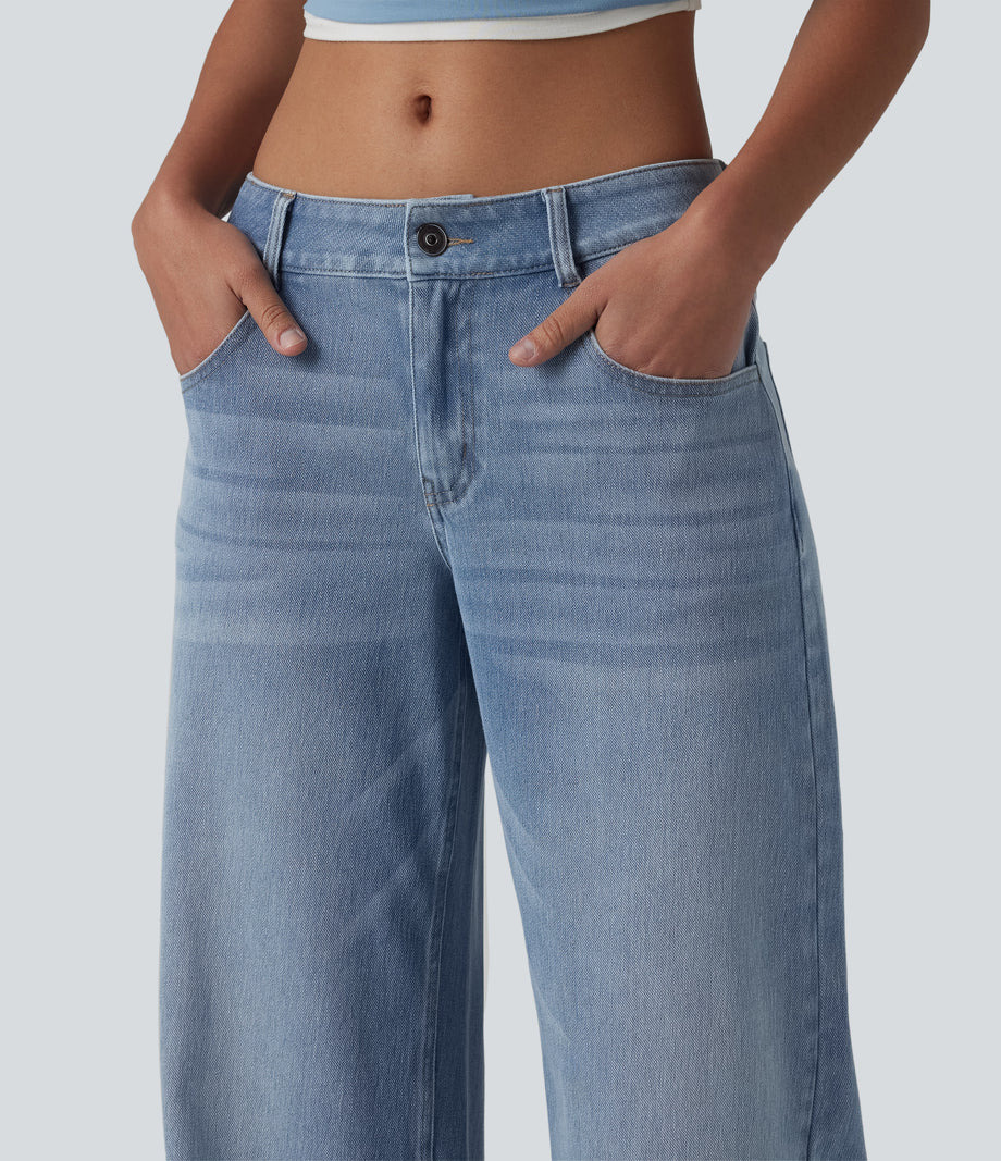 Halara Flex™ Low Rise Zipper Pockets Washed Baggy Wide Leg Casual Jeans - Light Blue – Glacier Light Blue