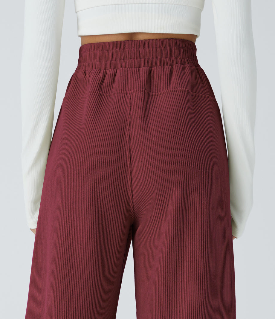 High Waisted Pocket Straight Leg Baggy Mop Corduroy Casual Pants - Burnt Russet
