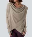 Hooded Cowl Neck Long Sleeve Thumb Hole Yoga Sports Top with Pockets - Humus