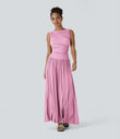 Ribbed Boat Neck Asymmetric Strap Ruched Pocket Flowy Maxi Casual Dress - Sweet Lilac
