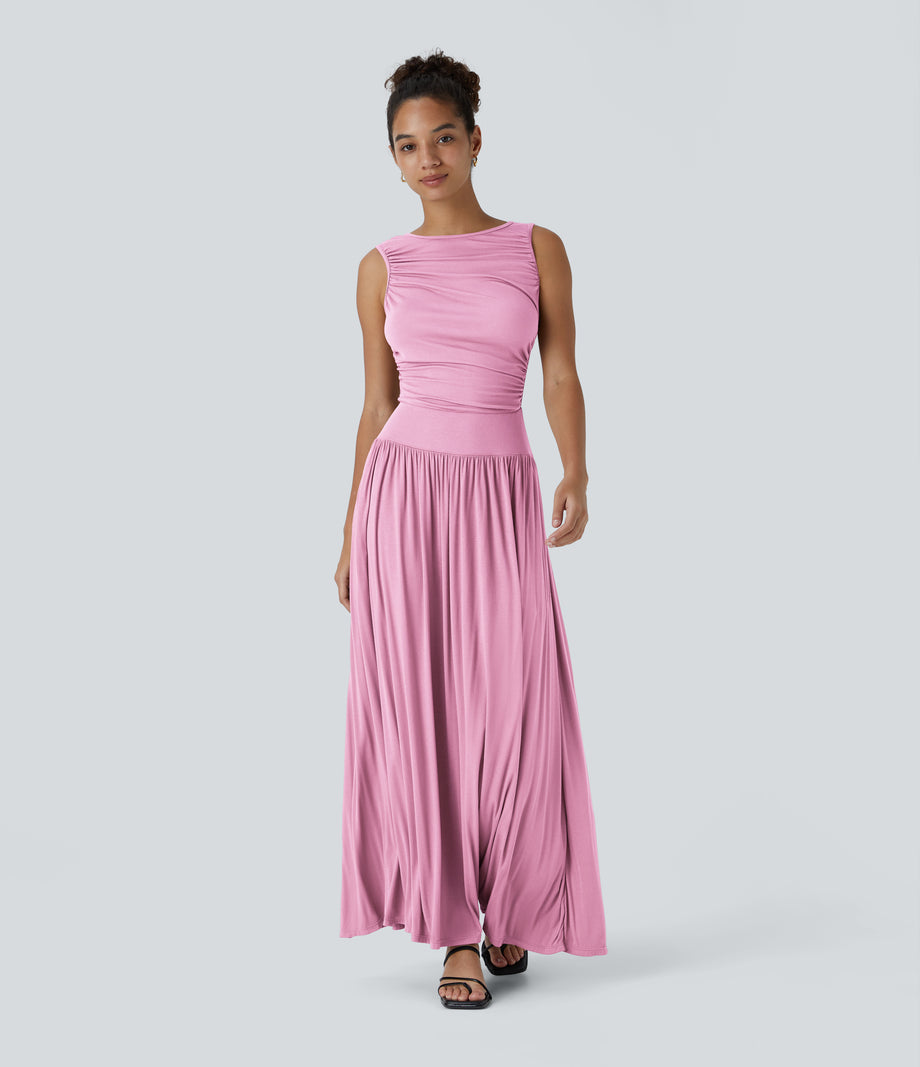 Ribbed Boat Neck Asymmetric Strap Ruched Pocket Flowy Maxi Casual Dress - Sweet Lilac