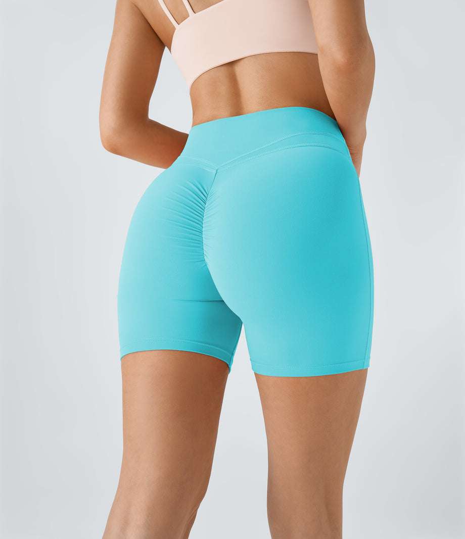 SoftlyZero™ Plush High Waisted Crossover Ruched Yoga Shorts 5'' - Baroque Blue