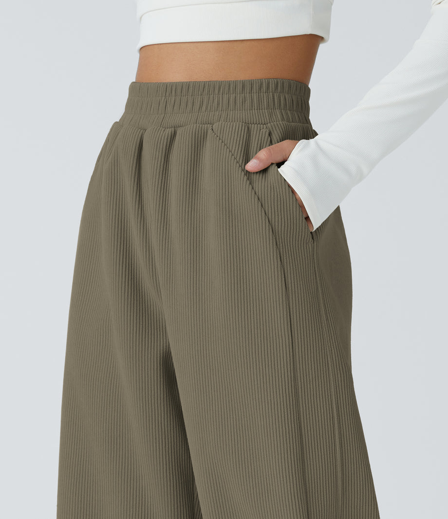 High Waisted Pocket Straight Leg Baggy Mop Corduroy Casual Pants - Sea Turtle