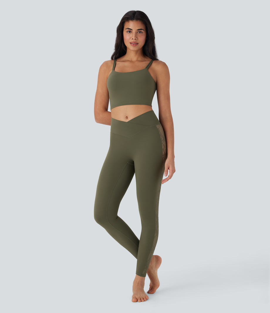 SoftlyZero™ High Waisted Crossover Contrast Lace Pocket Yoga Leggings-UPF50+ - Grass Grey Green