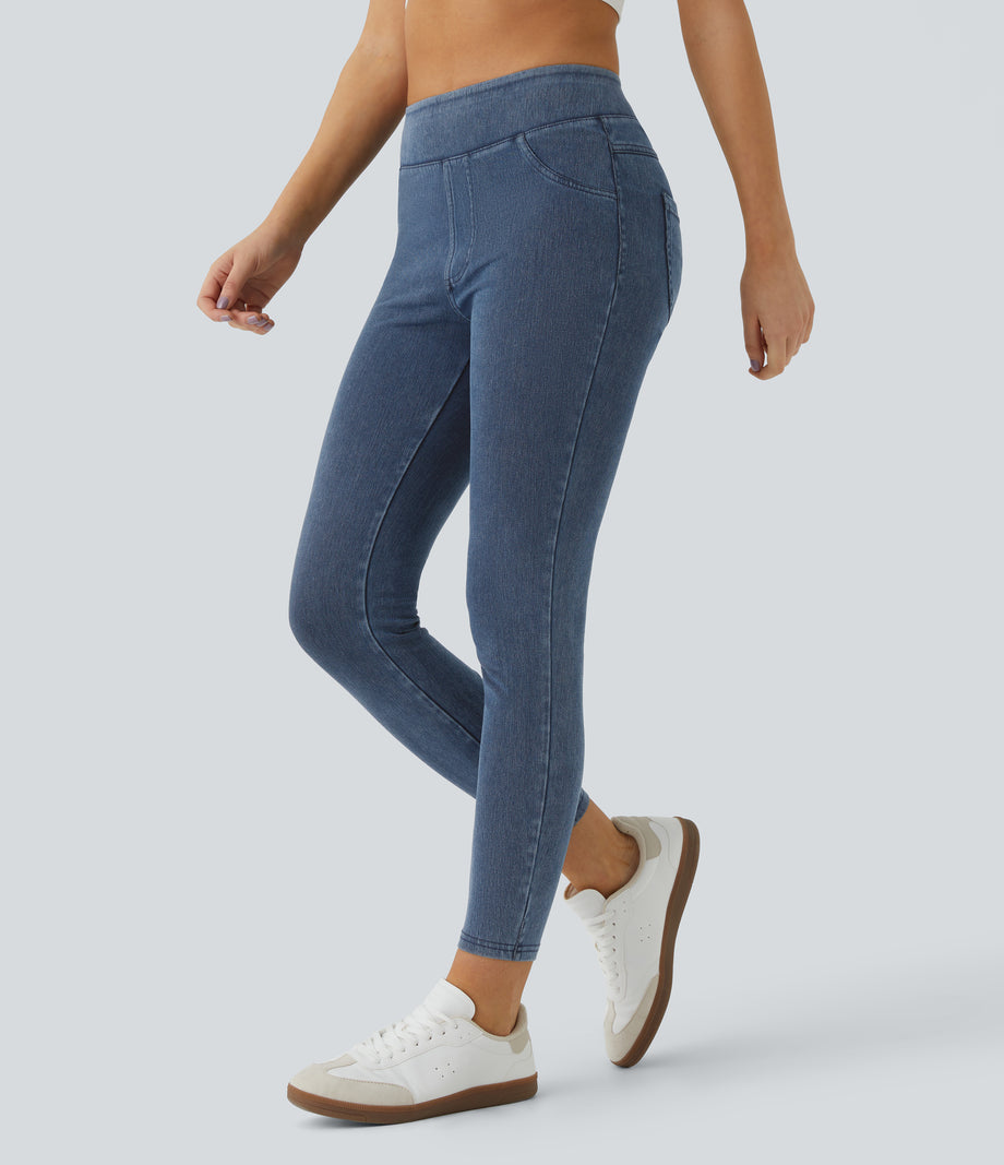 Halara Flex™ High Waisted Pocket Denim Casual Leggings - Washed Denim Bleached Blue