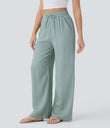 High Waisted Drawstring Pocket Wide Leg Baggy Casual Linen-Feel Pants - Ether