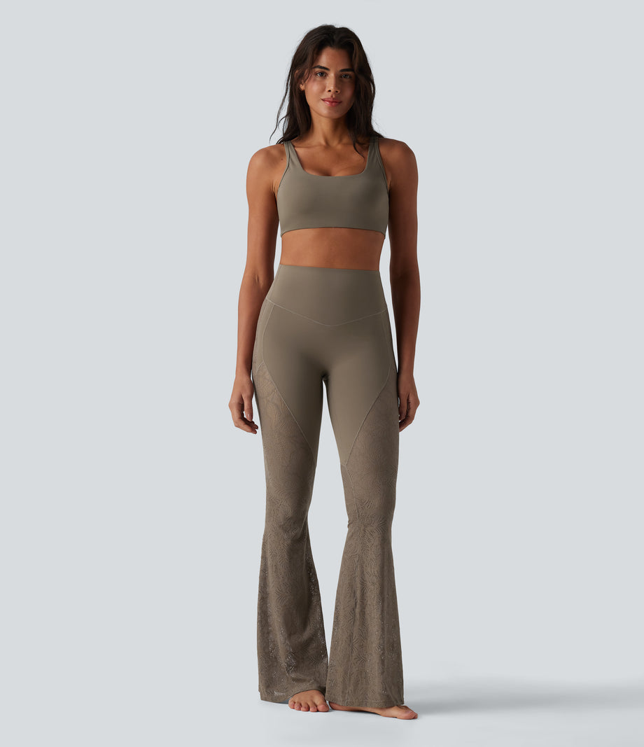 Halara UltraSculpt™ High Waisted Tummy Control Contrast Lace Yoga Flare Leggings with Pocket - Dawn Brown