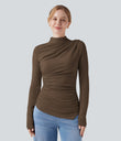 Mock-neck Long Sleeve Ruched Asymmetric Hem Thermal Casual Top - Dark Earth