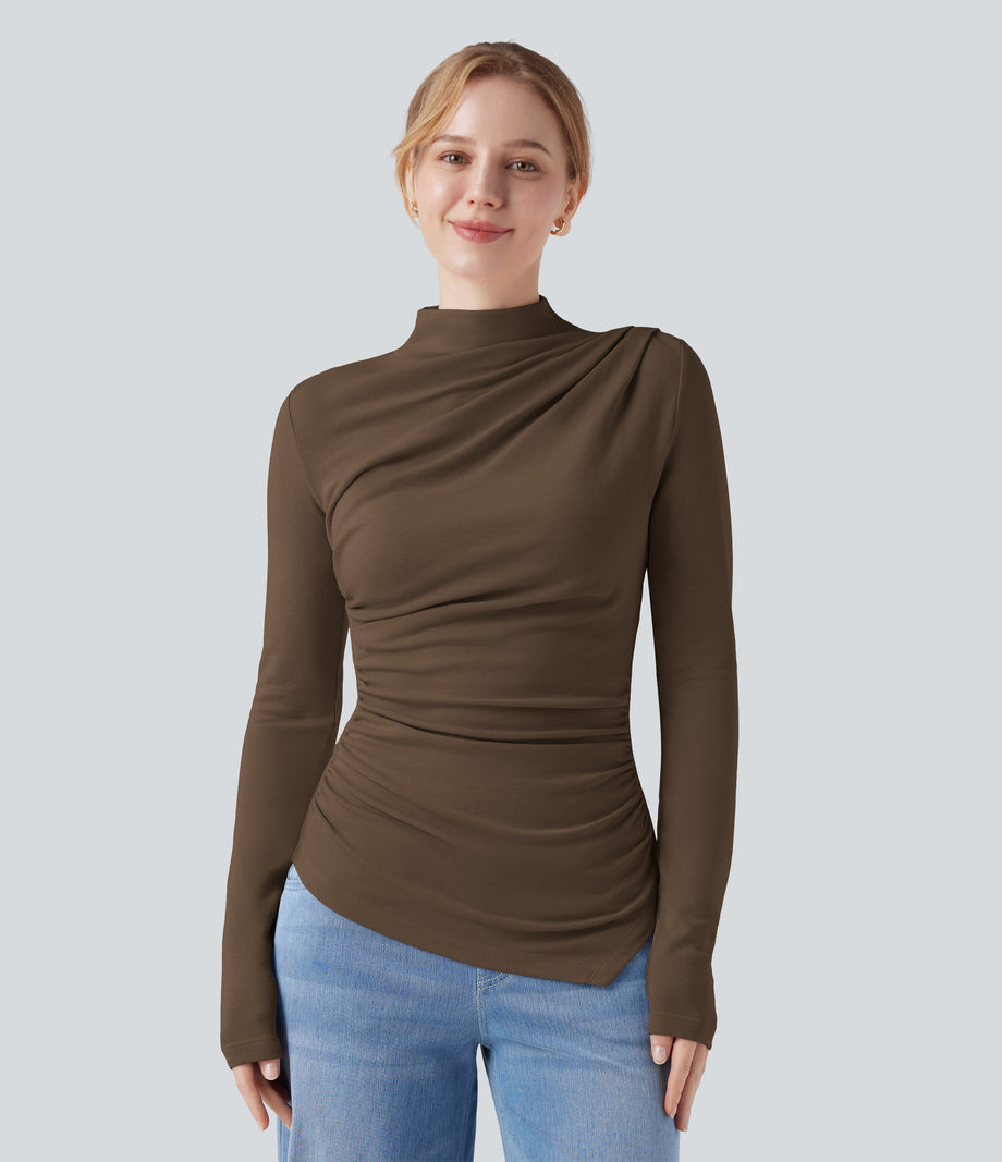 Mock-neck Long Sleeve Ruched Asymmetric Hem Thermal Casual Top - Dark Earth