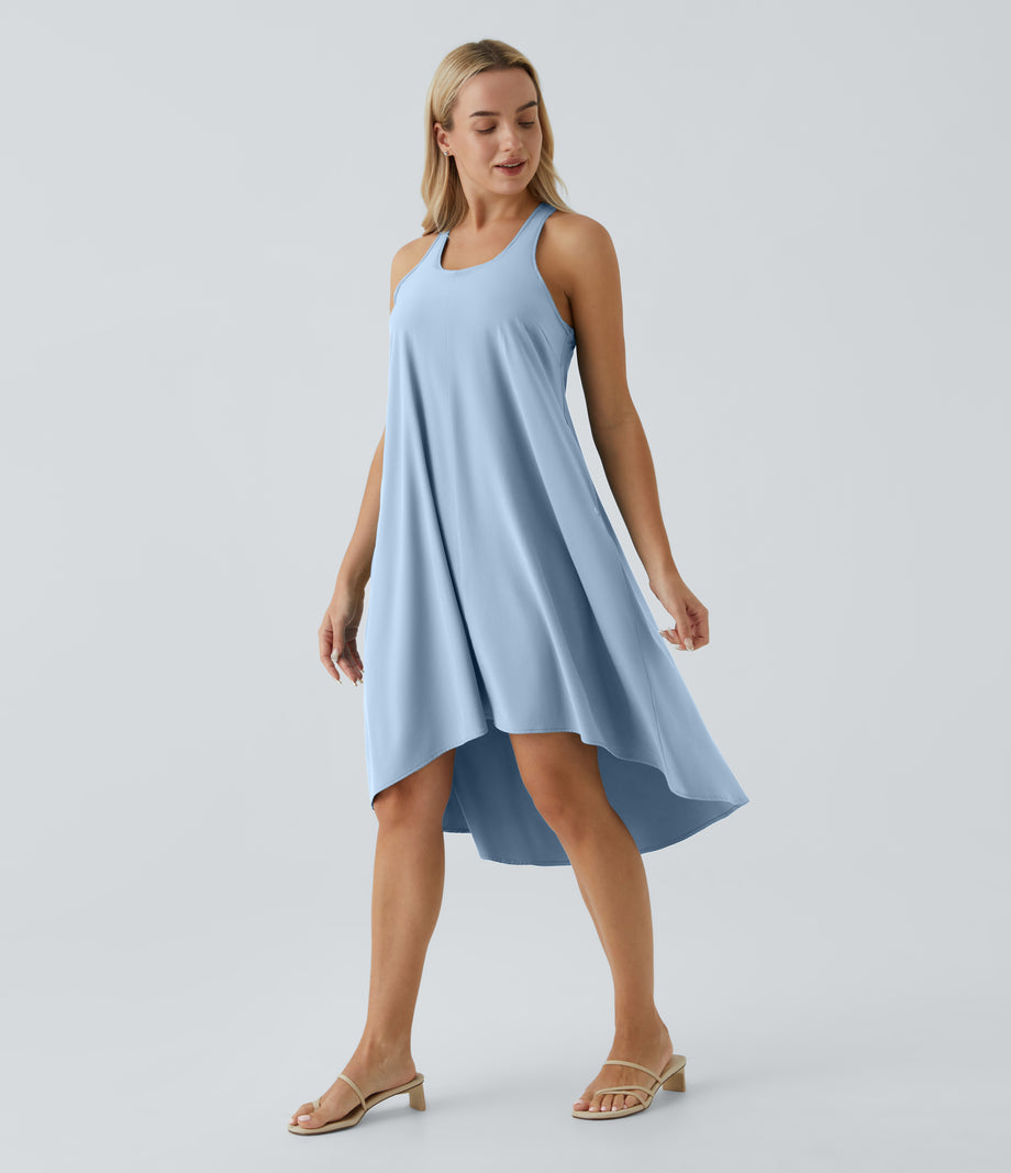 Breezeful™ Backless Racerback Side Pocket High Low Flowy Midi Quick Dry Casual Dress - Ballad Blue