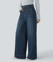 Halara Flex™ High Waisted Pockets Washed Casual Wide Leg Jeans - Distressed Denim Dark Blue