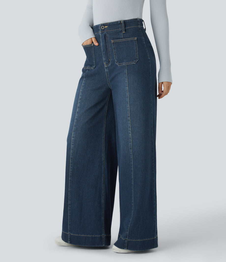 Halara Flex™ High Waisted Pockets Washed Casual Wide Leg Jeans - Distressed Denim Dark Blue