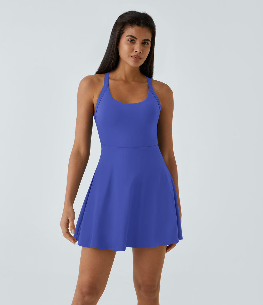 SoftlyZero™ Airy Backless Twisted Flare Low Support Dance Active Dress-Longer Length-Easy Peezy Edition A-D Cups - Aster Blue