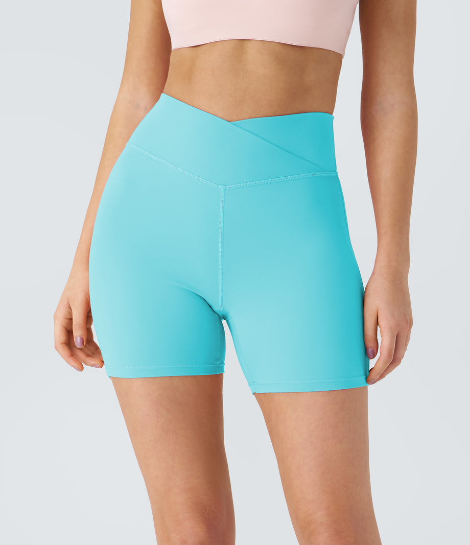 SoftlyZero™ Plush High Waisted Crossover Ruched Yoga Shorts 5'' - Baroque Blue